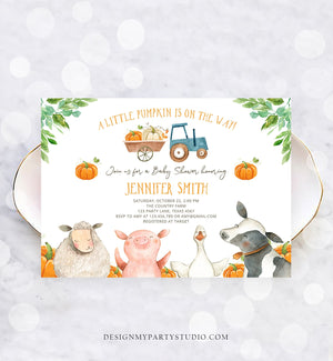 Editable Farm Baby Shower Invitation Pumpkin Gender Neutral Boy Farm Animals Barnyard Fall Digital Download Corjl Template Printable 0155