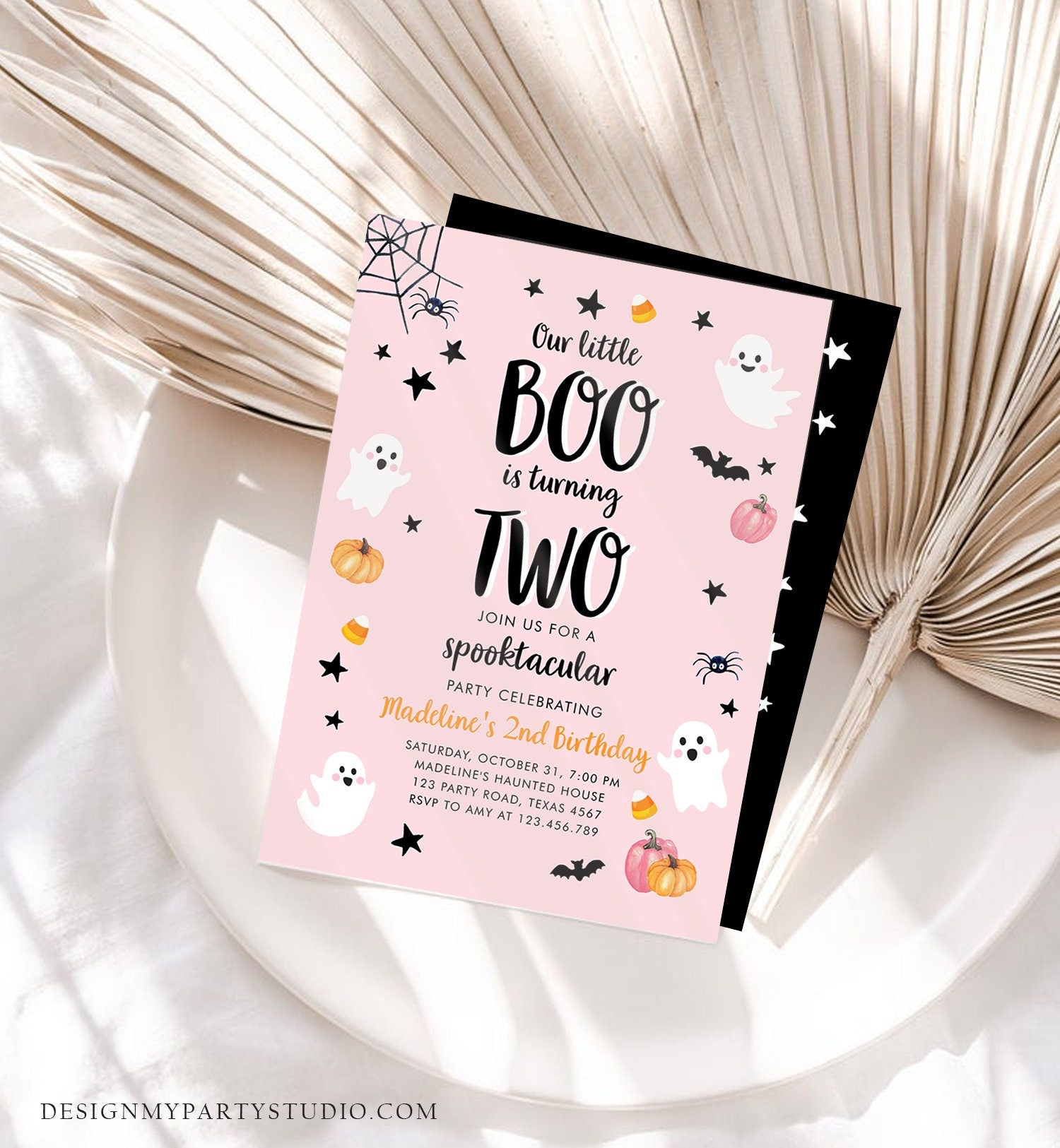 Editable Halloween 2nd Birthday Invitation Pink Ghost Costume Party Girl Pink Boo Spooktacular Spooky Download Printable Template Corjl 0418