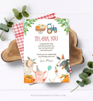 Editable Farm Animals Thank You Card Pumpkin Boy Red Gingham Farm Birthday Barnyard Thank You Fall Autumn Corjl Template Printable 0155