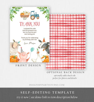 Editable Farm Animals Thank You Card Pumpkin Boy Red Gingham Farm Birthday Barnyard Thank You Fall Autumn Corjl Template Printable 0155