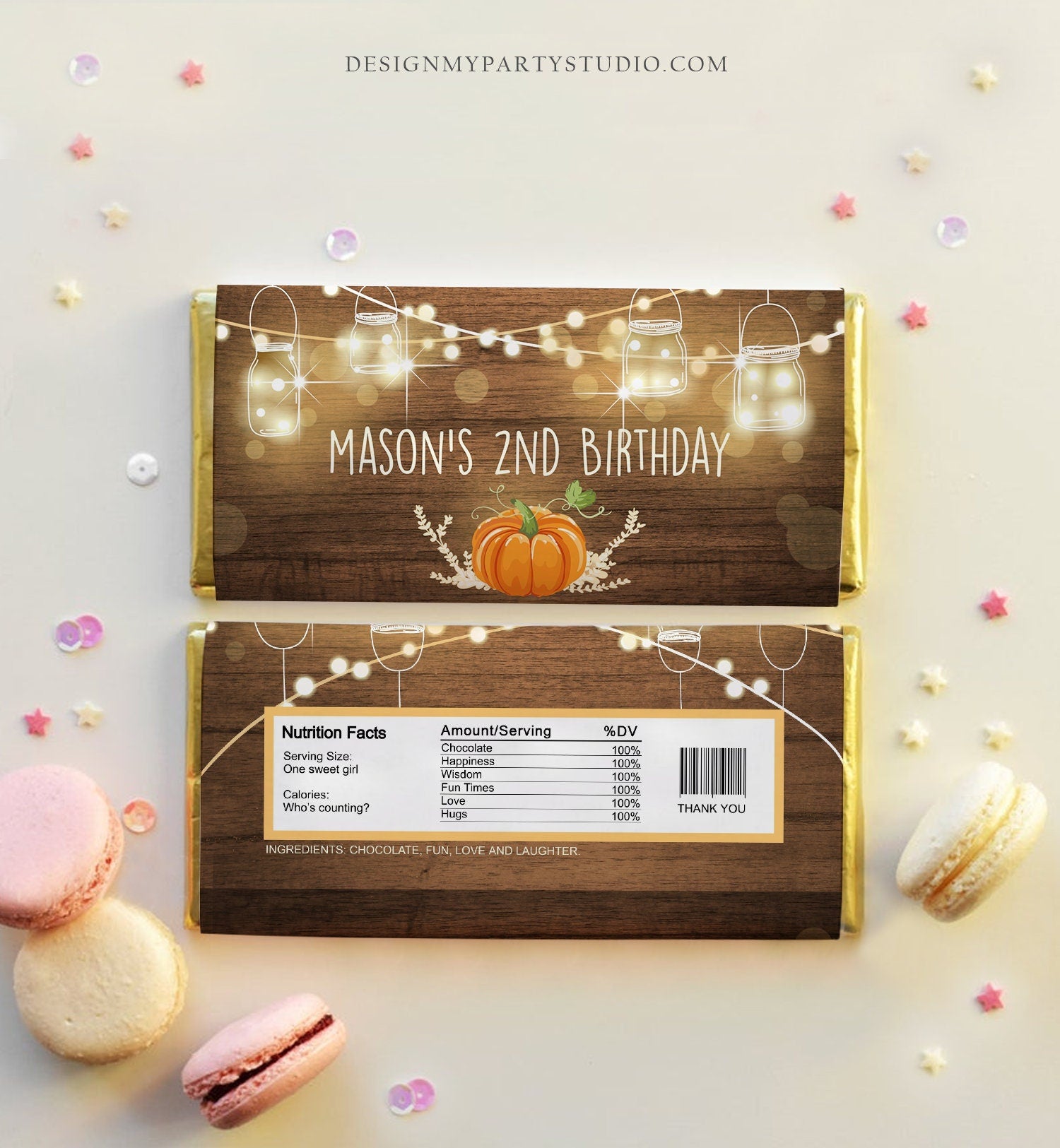 Editable Little Pumpkin Chocolate Bar Labels Candy Bar Wrapper Orange Boy Birthday Rustic Fall String Lights Corjl Template Printable 0015
