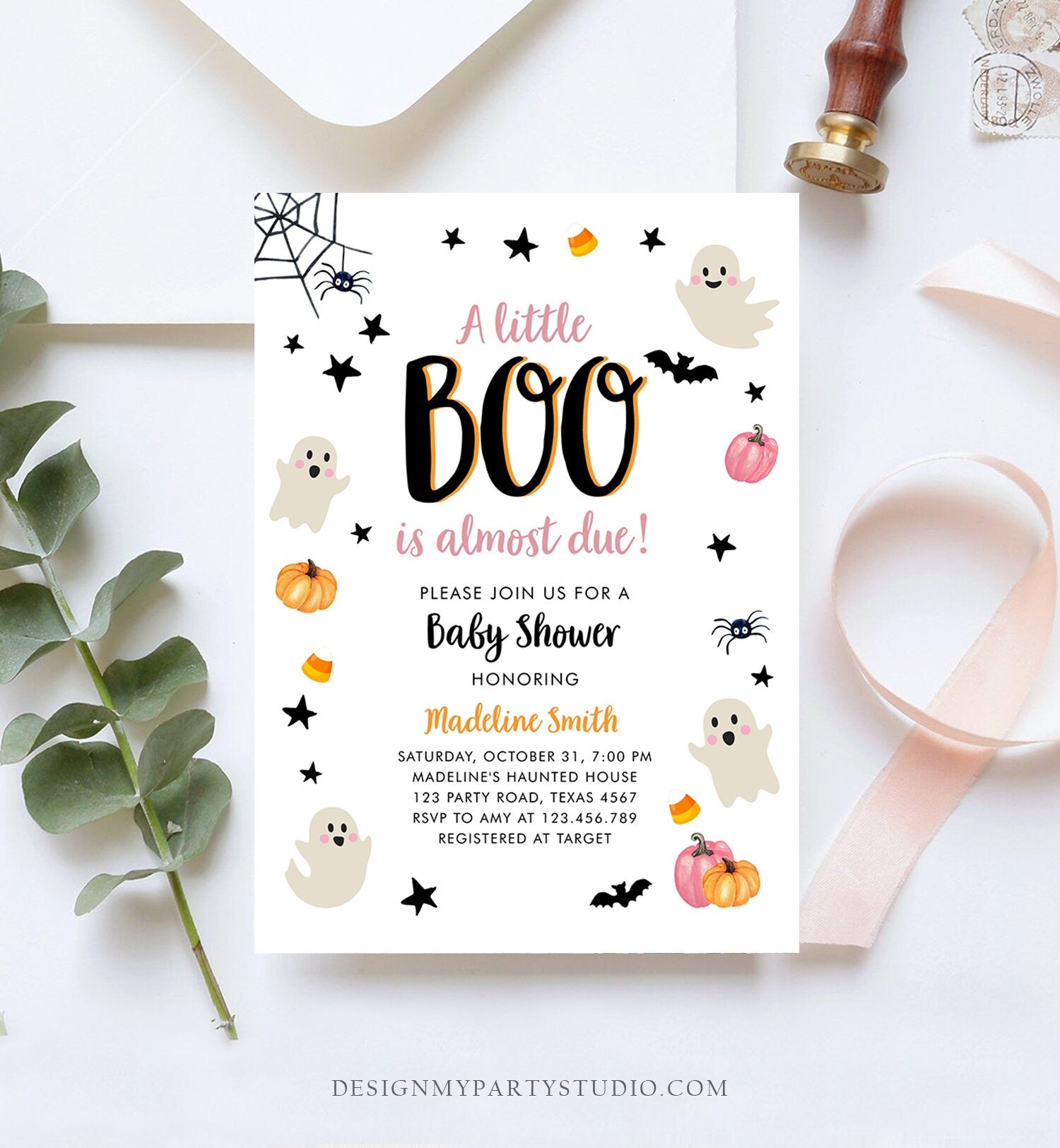 Editable Little Boo Baby Shower Invitation Cute Halloween Baby Shower Couples Shower Invite Pink Ghost Girl Printable Template Corjl 0418