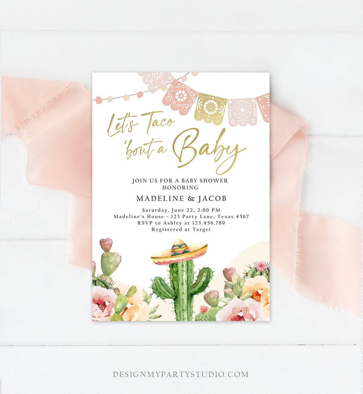 Editable Let&#39;s Taco Bout a Baby Shower Invitation Boho Cactus Mexican Fiesta Couples Shower Desert Watercolor Template Corjl Printable 0419