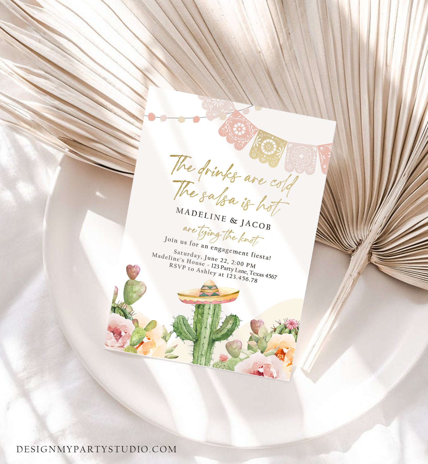 Editable Fiesta Engagement Invitation Couples Shower Bridal Mexican Cactus Succulent Desert Floral Printable Invitation Template Corjl 0419