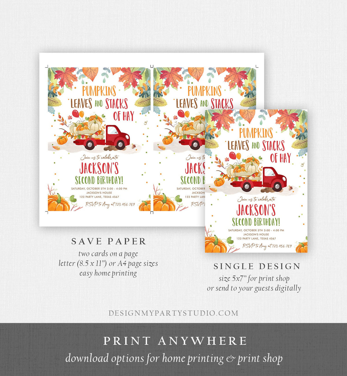 Editable Pumpkin Birthday Invitation Boy Fall Boy Pumpkin Red Truck Birthday Party Orange Download Printable Invitation Corjl Template 0153