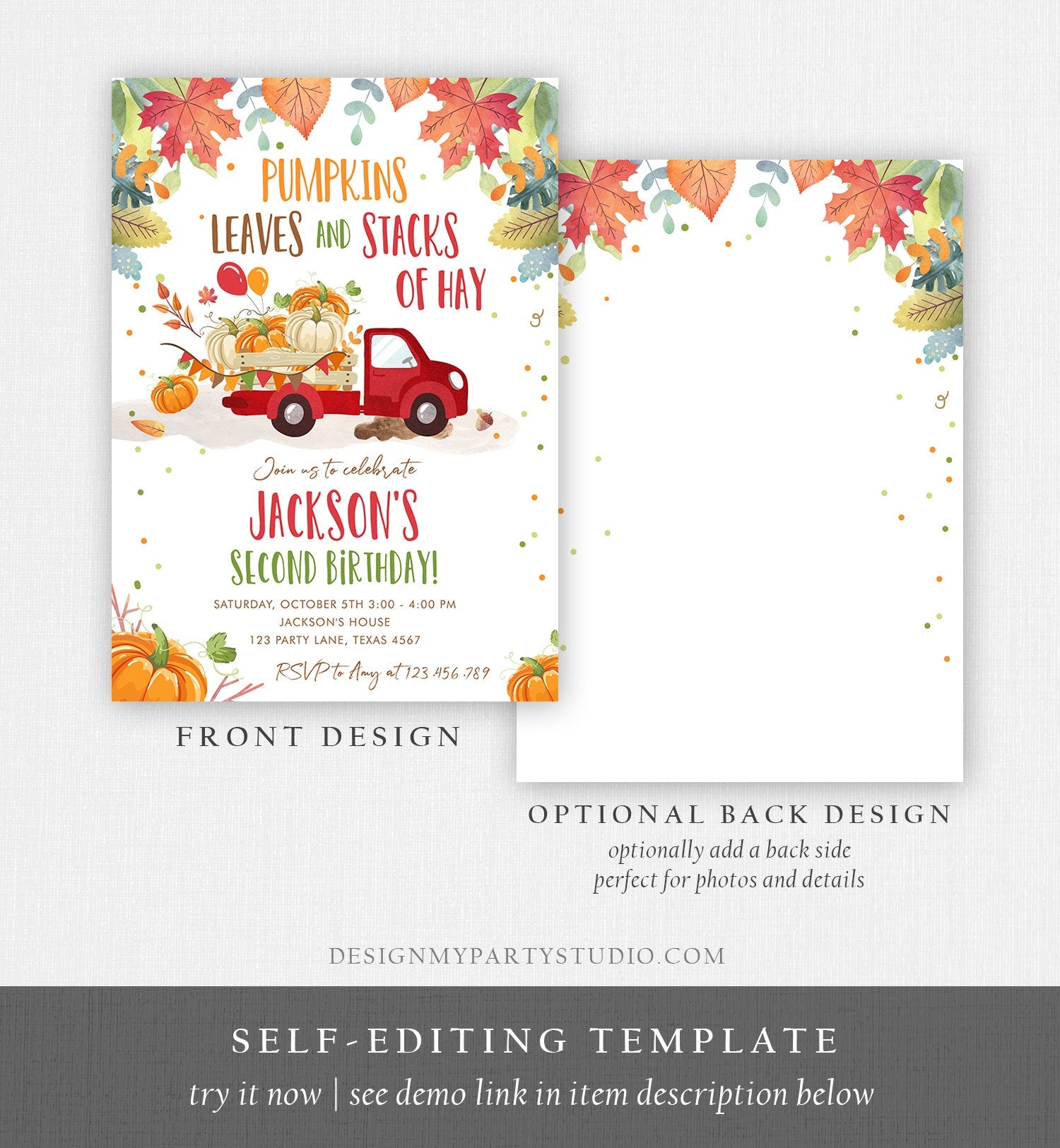 Editable Pumpkin Birthday Invitation Boy Fall Boy Pumpkin Red Truck Birthday Party Orange Download Printable Invitation Corjl Template 0153