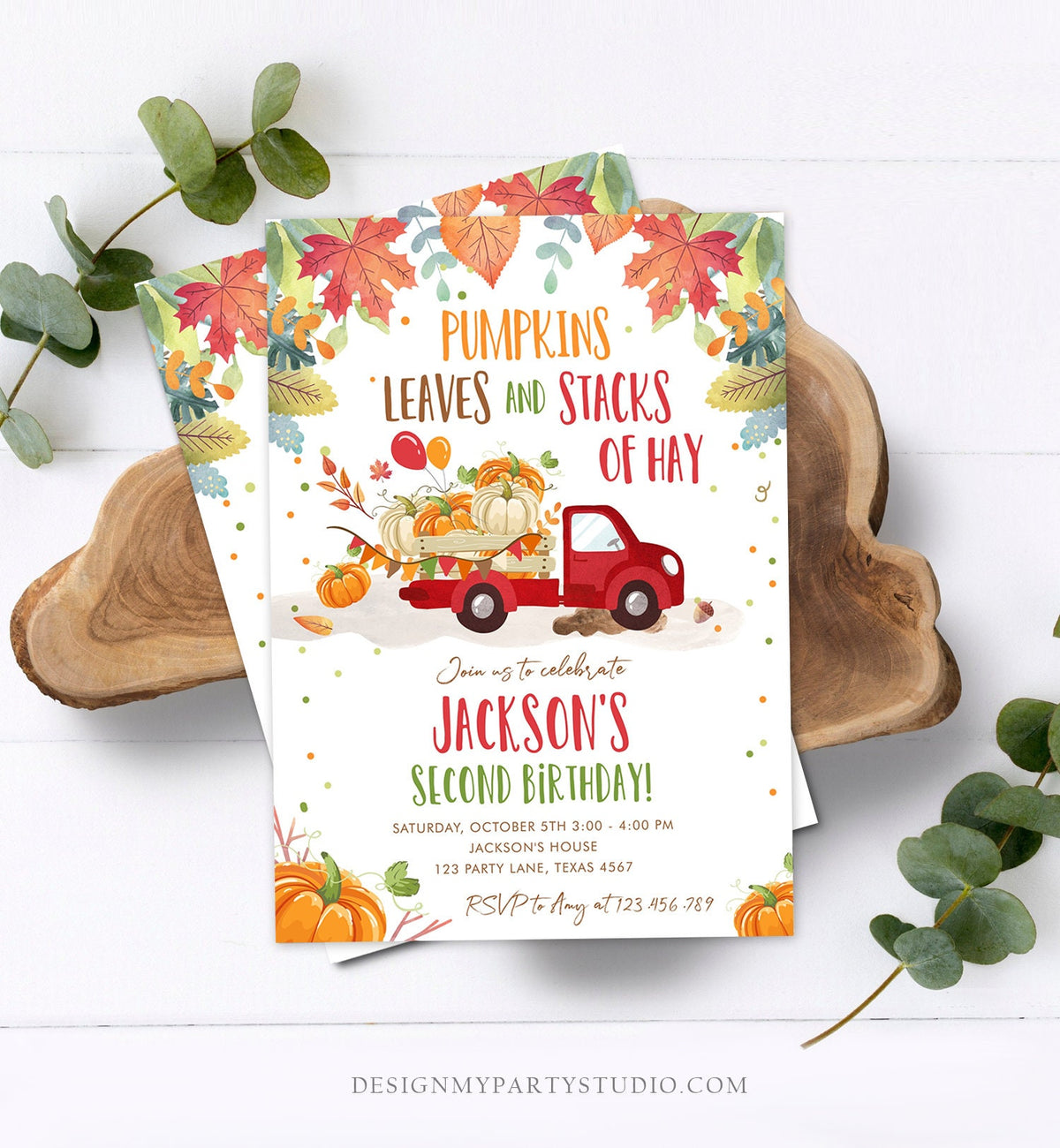 Editable Pumpkin Birthday Invitation Boy Fall Boy Pumpkin Red Truck Birthday Party Orange Download Printable Invitation Corjl Template 0153