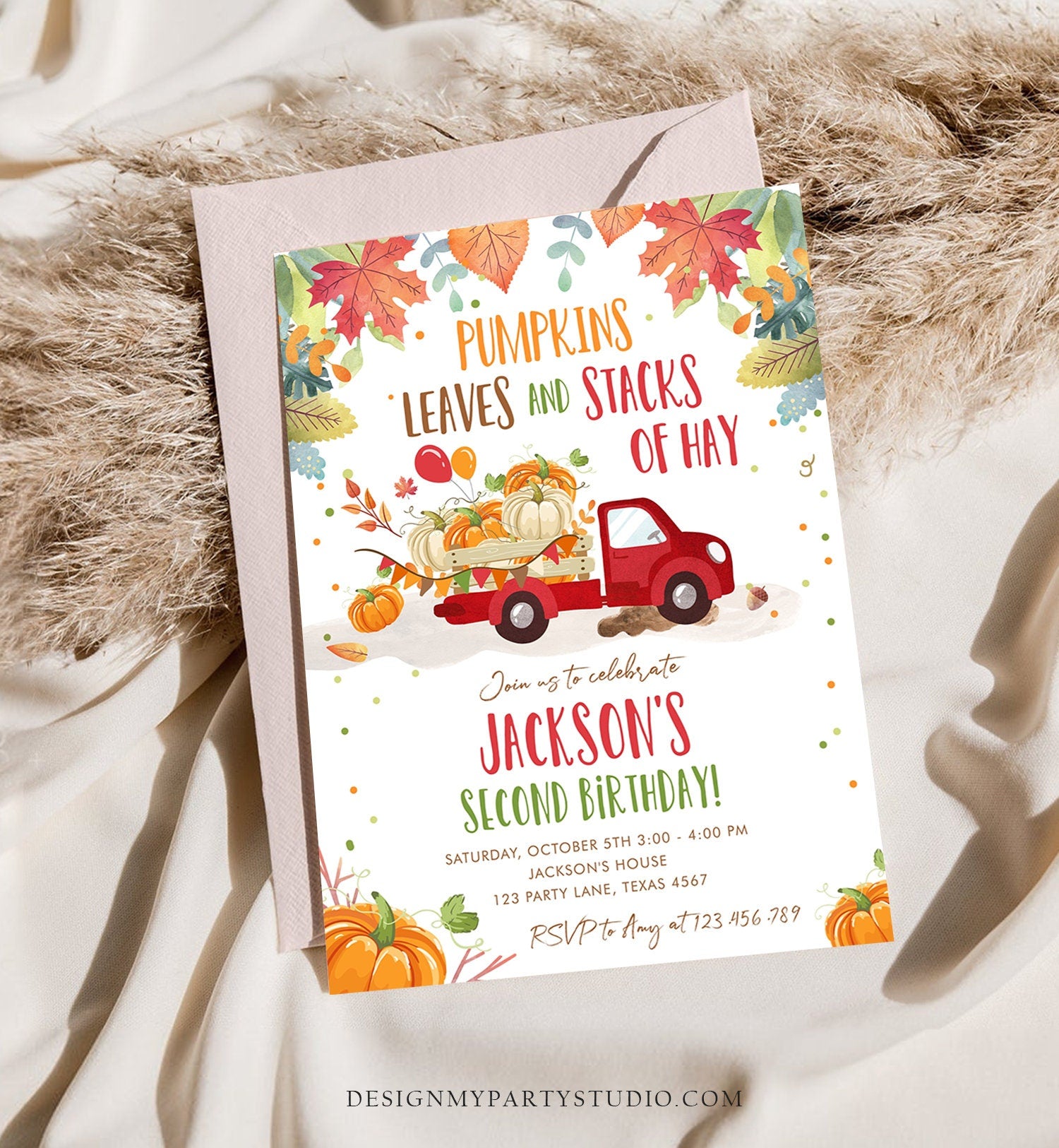 Editable Pumpkin Birthday Invitation Boy Fall Boy Pumpkin Red Truck Birthday Party Orange Download Printable Invitation Corjl Template 0153