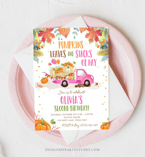 Editable Pumpkin Birthday Invitation Girls Fall Girl Pumpkin Truck Birthday Party Pink Orange Download Printable Invite Template Corjl 0153