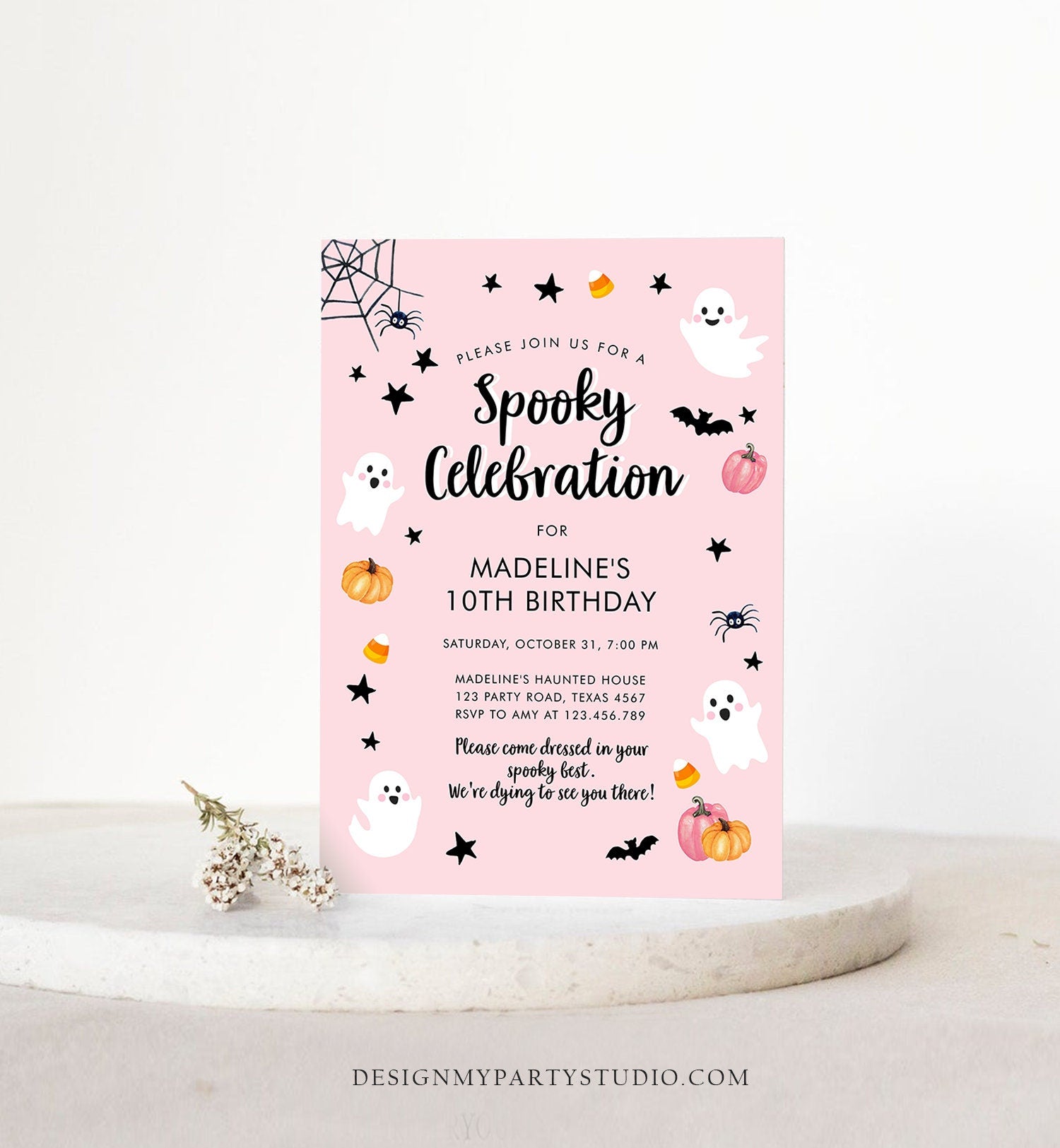 Editable Halloween Party Invitation Pink Ghost Costume Party Halloween Birthday Spooktacular Pink Download Printable Template Corjl 0418