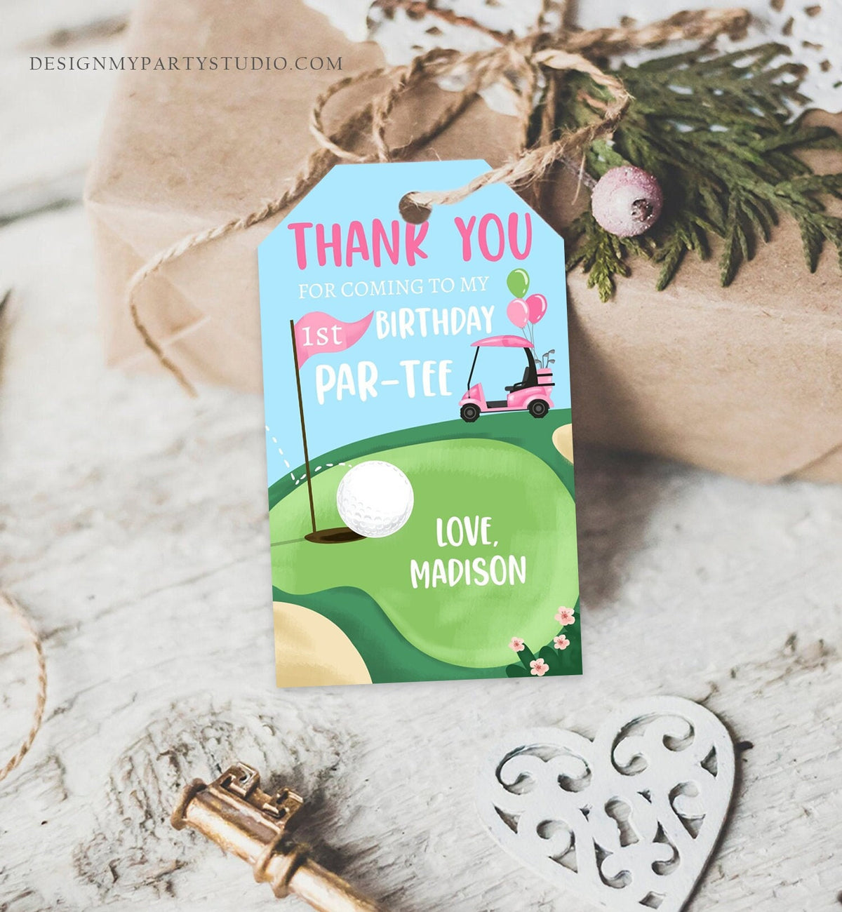Editable Girl Golf Favor Tags Golf Thank You Par-tee Tags Golfing Birthday Hole in One 1st Birthday Gift Tag Download Corjl Template 0405