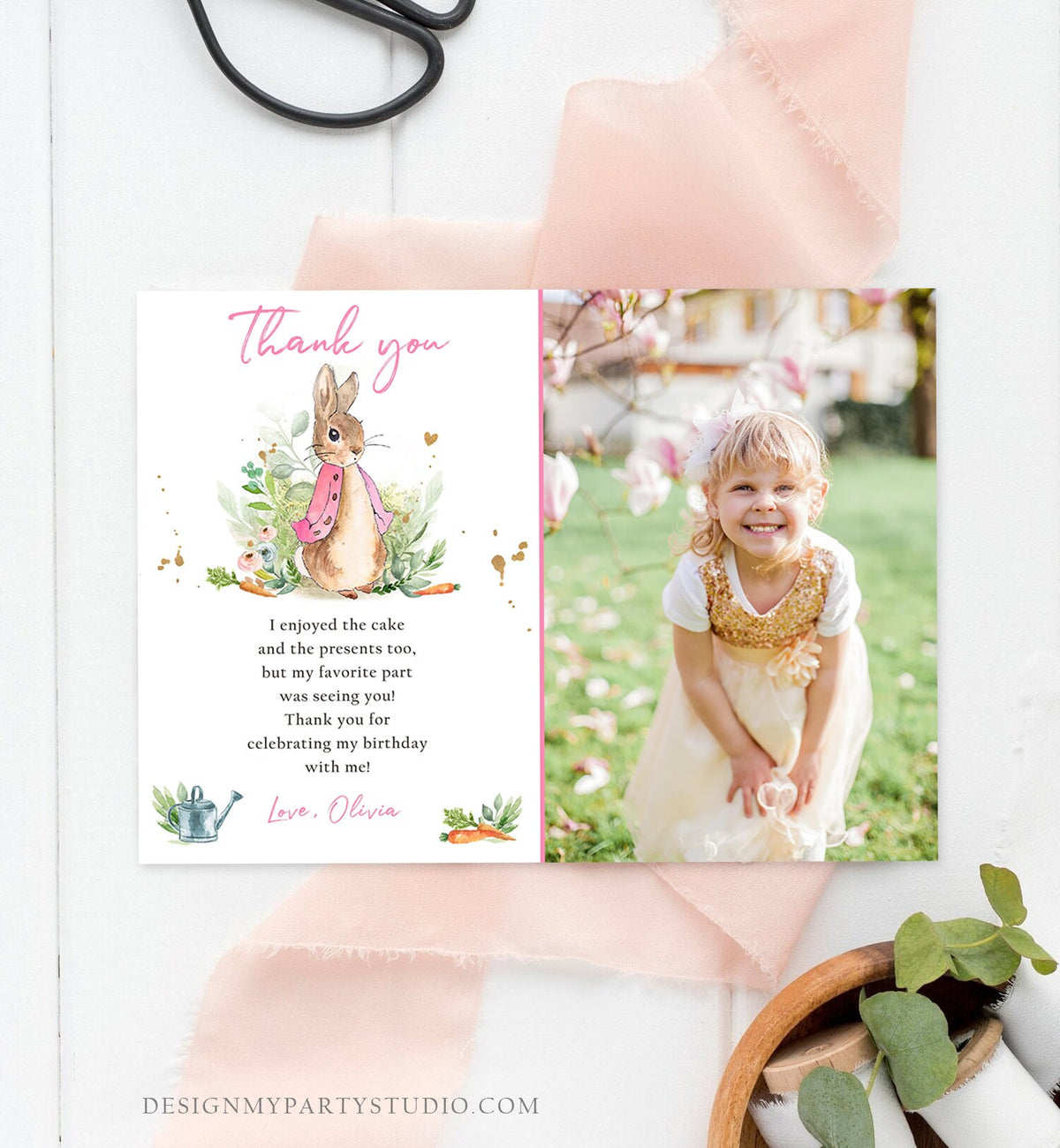Editable Flopsy Rabbit Birthday Thank You Card Girl Pink Baby Shower Rustic Peter Rabbit Spring Bunny Digital Corjl Template Printable 0351