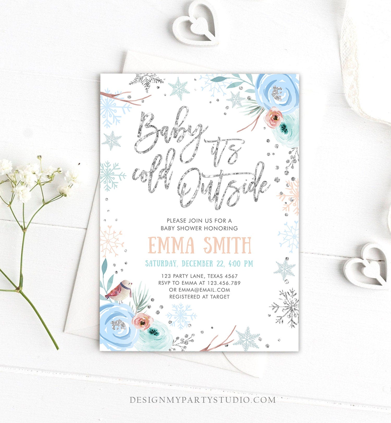 Editable Baby It's Cold Outside Winter Baby Shower Invitation Snowflakes Gender Neutral Boy Blue Template Instant Download Corjl 0256