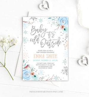 Editable Baby It's Cold Outside Winter Baby Shower Invitation Snowflakes Gender Neutral Boy Blue Template Instant Download Corjl 0256