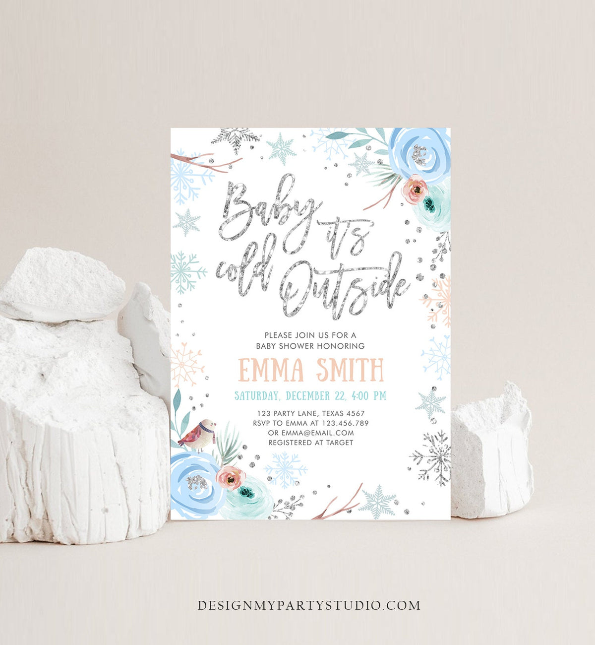 Editable Baby It&#39;s Cold Outside Winter Baby Shower Invitation Snowflakes Gender Neutral Boy Blue Template Instant Download Corjl 0256