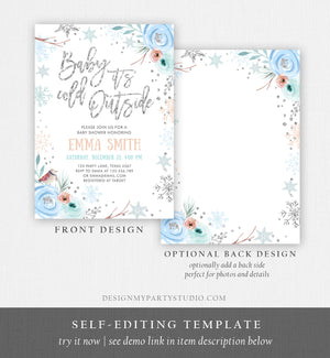 Editable Baby It's Cold Outside Winter Baby Shower Invitation Snowflakes Gender Neutral Boy Blue Template Instant Download Corjl 0256
