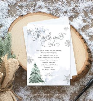 Editable Winter Tree Thank You Card Watercolor Baby Its Cold Outside Baby Shower Blue Boy Gender Neutral Snow Template Download Corjl 0363