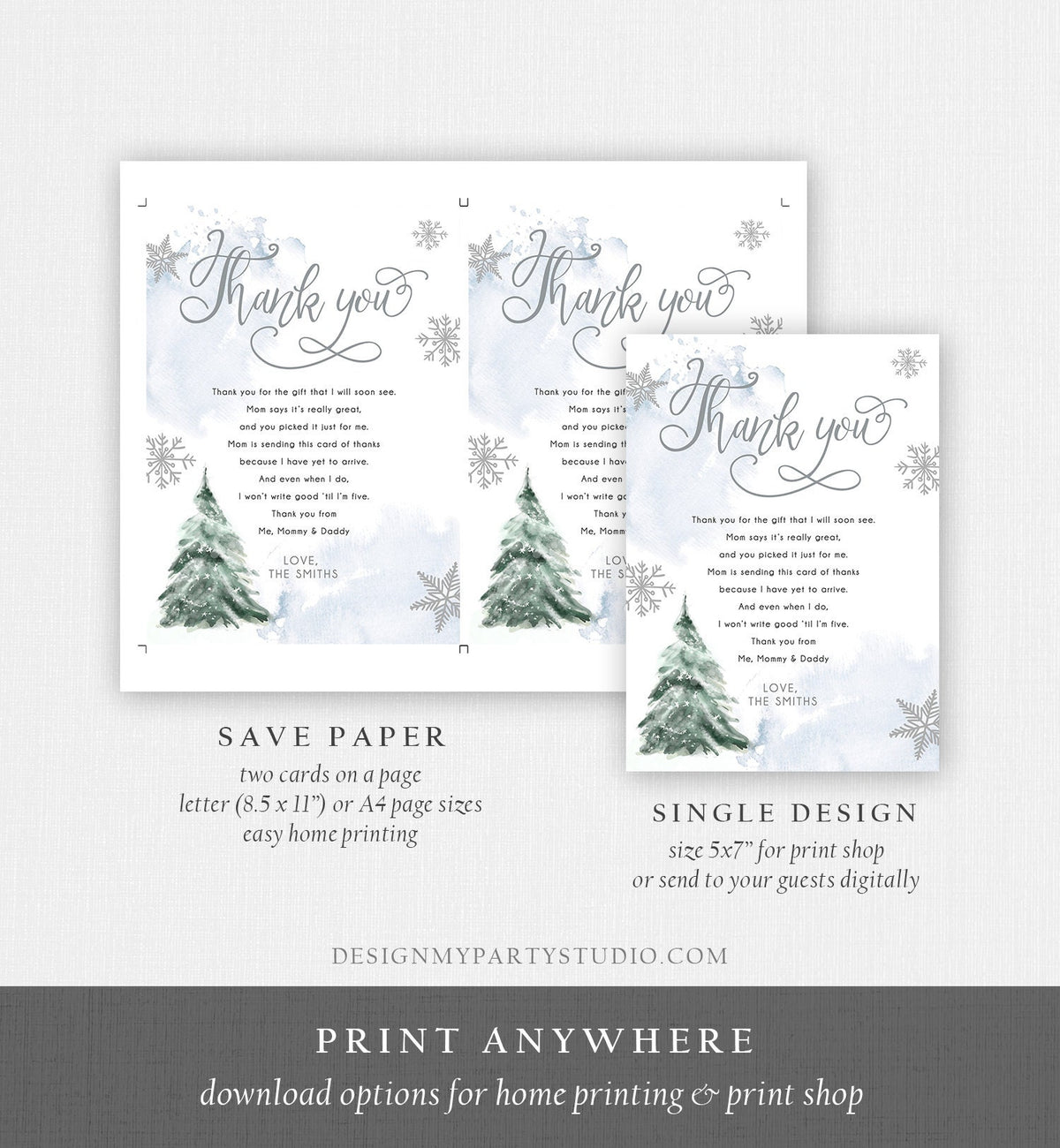 Editable Winter Tree Thank You Card Watercolor Baby Its Cold Outside Baby Shower Blue Boy Gender Neutral Snow Template Download Corjl 0363