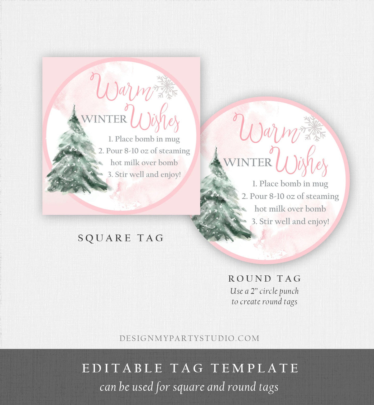 Editable Hot Chocolate Bomb Tags Bomb Instructions Hot Cocoa Tags Bomb Label Tree Pink Christmas Warm Winter Wishes Digital PRINTABLE 0363