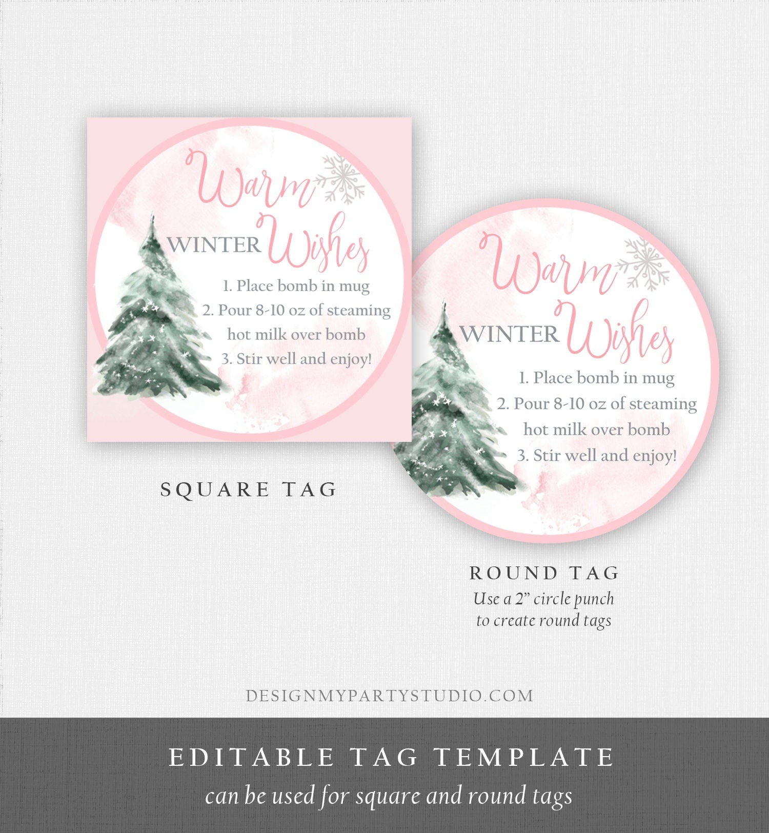 Editable Hot Chocolate Bomb Tags Bomb Instructions Hot Cocoa Tags Bomb Label Tree Pink Christmas Warm Winter Wishes Digital PRINTABLE 0363