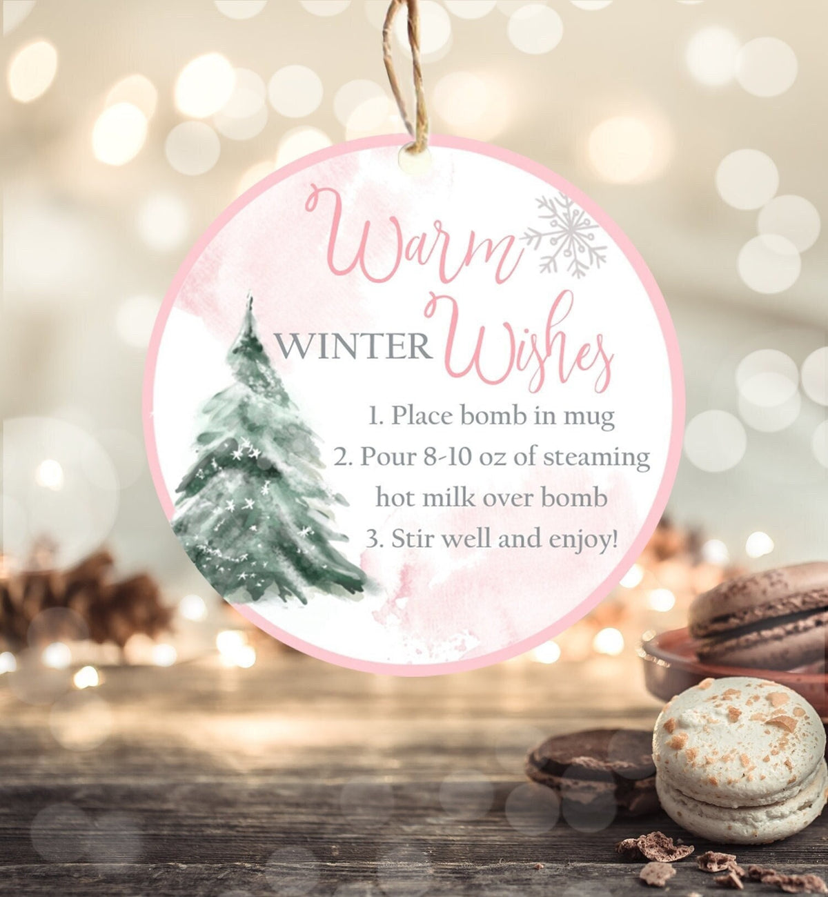 Editable Hot Chocolate Bomb Tags Bomb Instructions Hot Cocoa Tags Bomb Label Tree Pink Christmas Warm Winter Wishes Digital PRINTABLE 0363