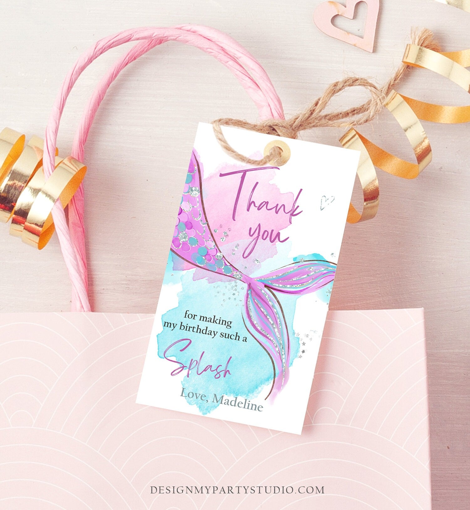 Editable Mermaid Birthday Favor Tags Under The Sea Thank You Mermaid Party Girl Pink Purple Silver Download Template Corjl PRINTABLE 0403