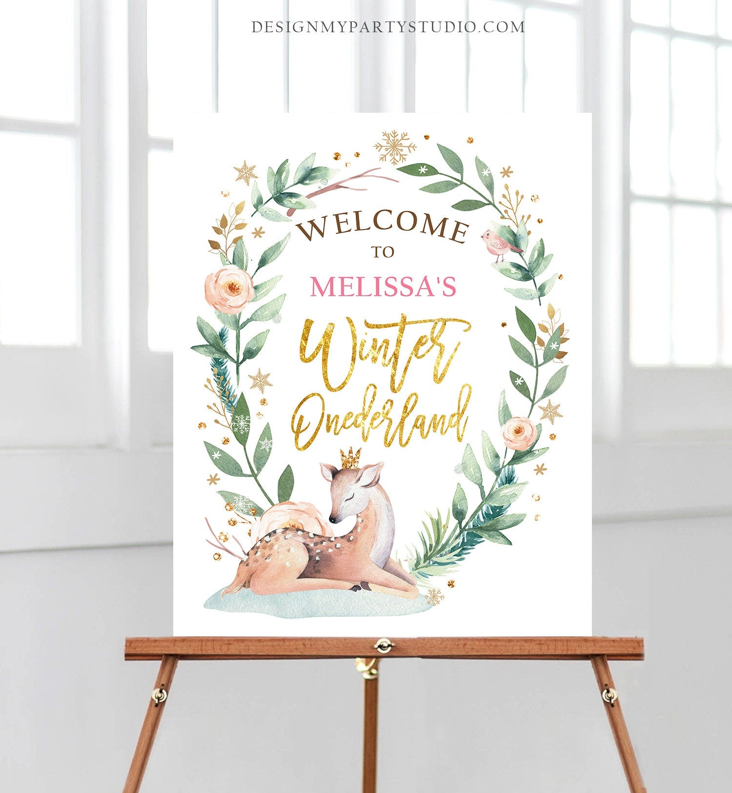 Editable Winter Deer Birthday Welcome Sign Winter Onederland Girl Pink Gold Christmas Snow Party Holiday Sign Template PRINTABLE Corjl 0265