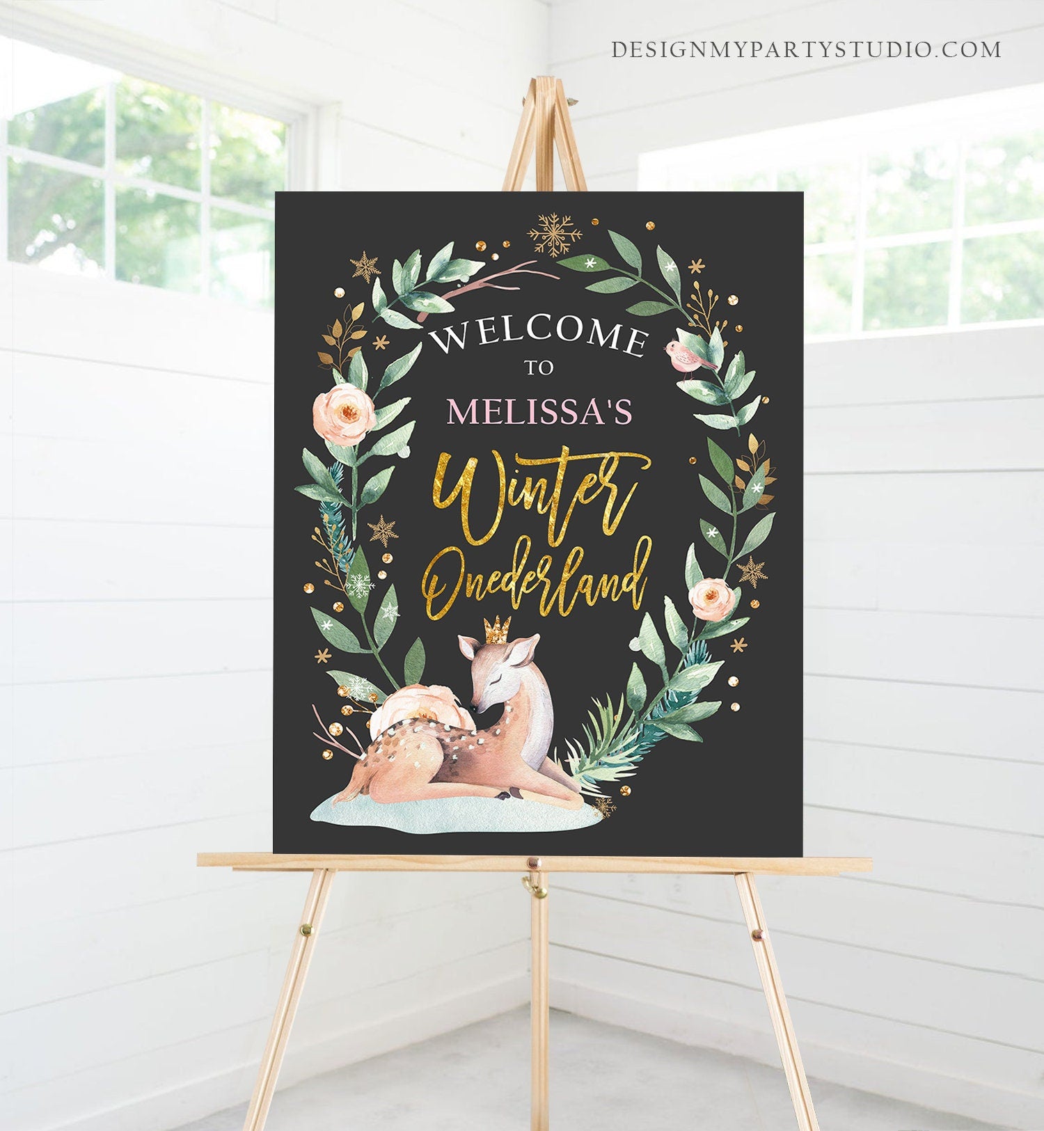 Editable Winter Deer Birthday Welcome Sign Winter Onederland Girl Pink Gold Christmas Snow Party Holiday Sign Template PRINTABLE Corjl 0265