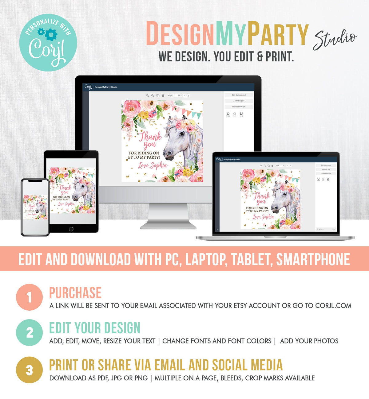 Editable Cowgirl Favor Tags Tags Horse Birthday Party Favor Thank you Sticker Girl Horse Party Floral Download Template PRINTABLE Corjl 0408