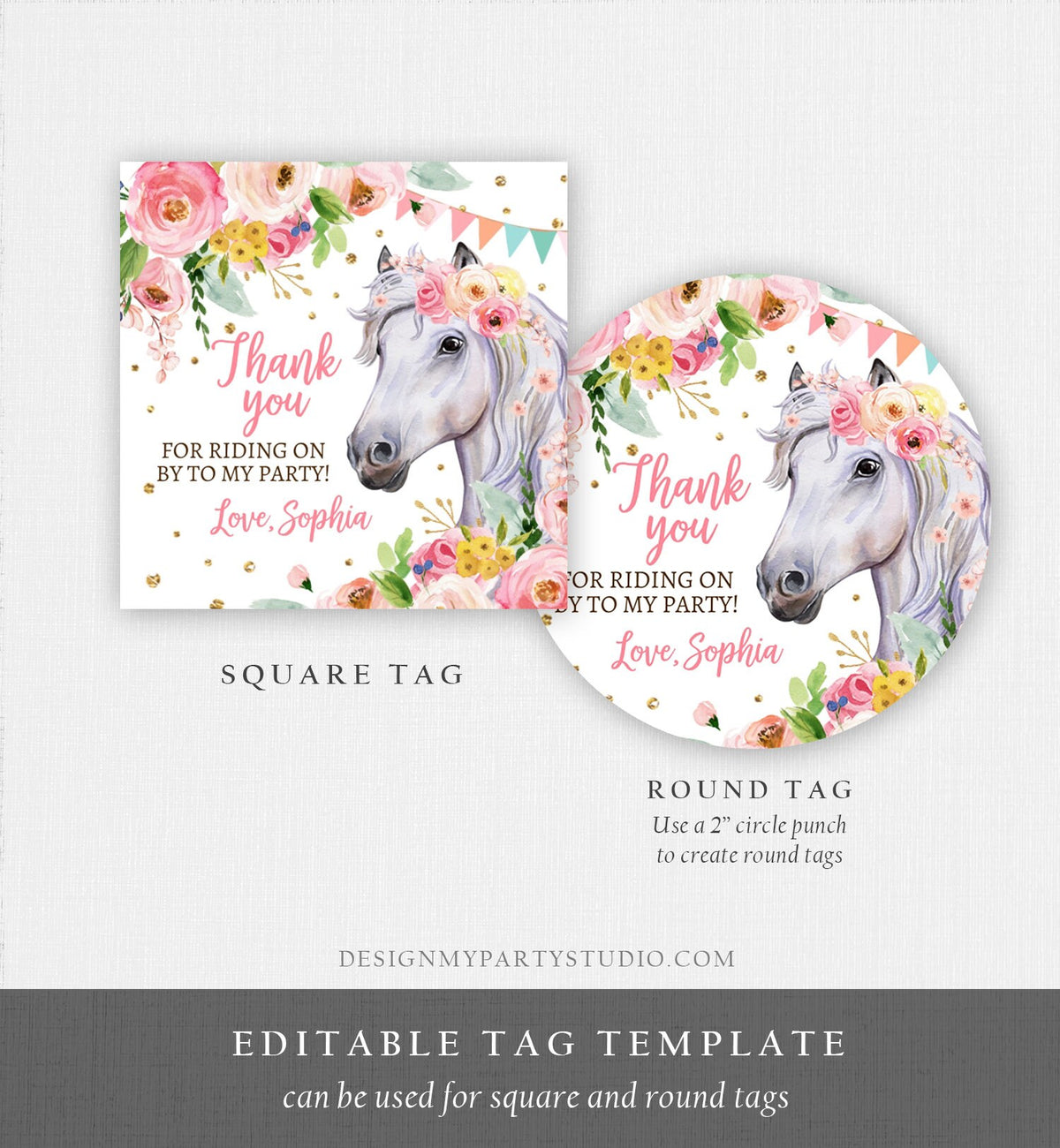 Editable Cowgirl Favor Tags Tags Horse Birthday Party Favor Thank you Sticker Girl Horse Party Floral Download Template PRINTABLE Corjl 0408
