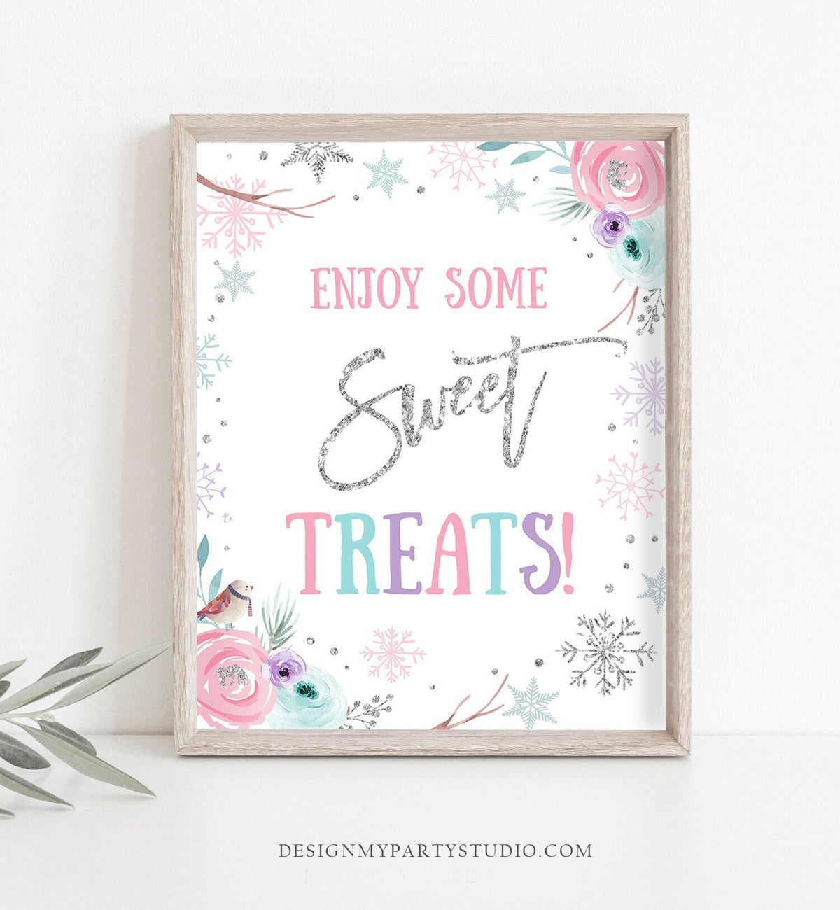 Enjoy Some Sweet Treats Sign Winter Wonderland Onederland Birthday Decor Girl Teal Pink Silver Snowflakes Floral Download Printable 0256
