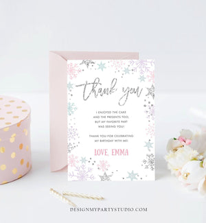 Editable Winter Onederland Thank You Card Snowflake First Birthday Thank You Note Pink Girl Silver Corjl Digital Template Printable 0256