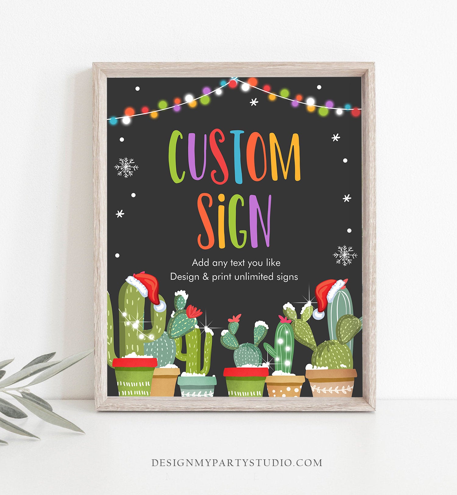 Editable Custom Sign Fiesta Christmas Party Mexican Holiday Cactus Santa Hat Table Sign Decoration 8x10 Corjl Template PRINTABLE 0273