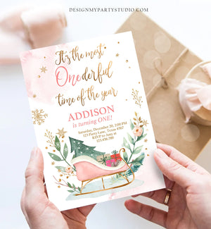 Editable Most Onederful Time of The Year 1st Birthday Invitation Winter Christmas Party Sleigh Trees Girl Pink Printable Template DIY 0353