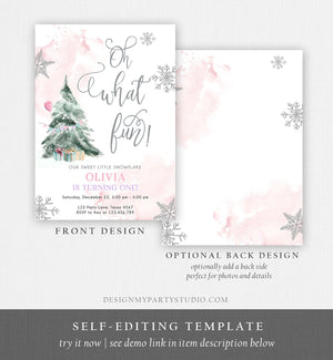 Editable Oh What Fun! Holiday 1st Winter Birthday Invitation Winter Christmas Party Winter Tree Girl Pink Silver Printable Template DIY 0363