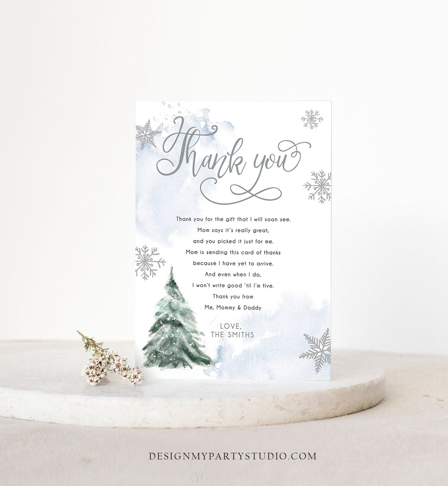 Editable Winter Tree Thank You Card Watercolor Baby Its Cold Outside Baby Shower Blue Boy Gender Neutral Snow Template Download Corjl 0363