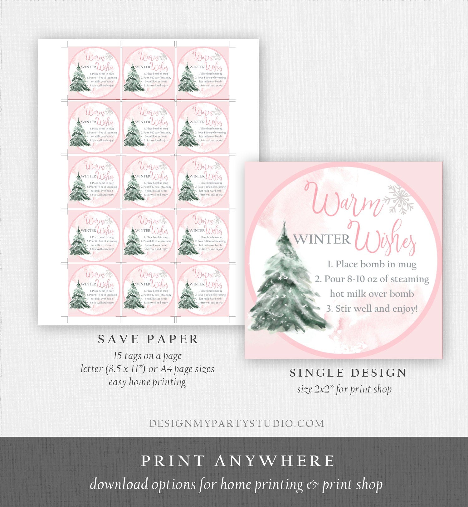 Editable Hot Chocolate Bomb Tags Bomb Instructions Hot Cocoa Tags Bomb Label Tree Pink Christmas Warm Winter Wishes Digital PRINTABLE 0363