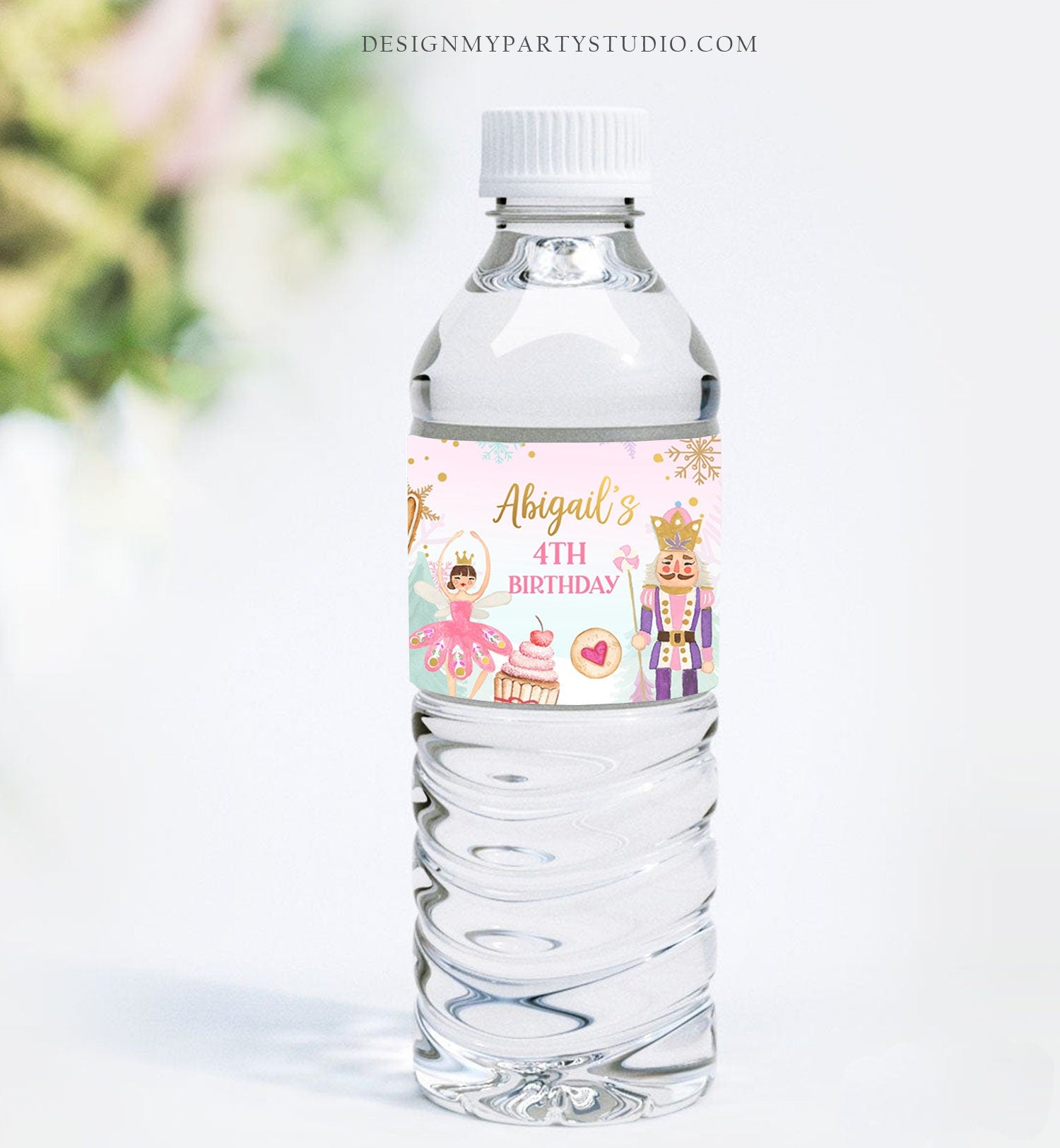 Editable Nutcracker Water Bottle Labels Nutcracker Birthday Party Girl Winter Land of Sweets Silver Download Printable Template Corjl 0352