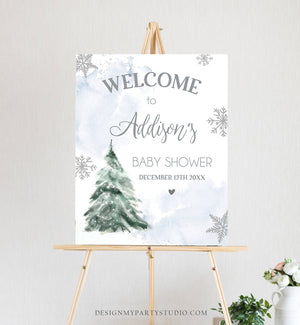 Editable Winter Tree Welcome Sign Tree Watercolor Baby Shower Boy Blue Little Snowflake on the Way Wonderland Corjl Template Printable 0363