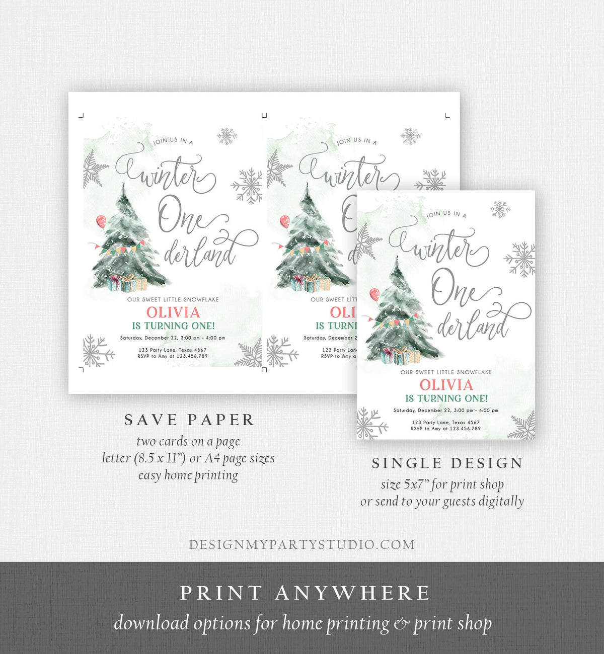 Editable Winter ONEderland Birthday Invitation First Birthday Boy Girl Neutral Snow Watercolor Tree Christmas Snowflake Corjl Template 0363