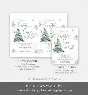 Editable Winter ONEderland Birthday Invitation First Birthday Boy Girl Neutral Snow Watercolor Tree Christmas Snowflake Corjl Template 0363