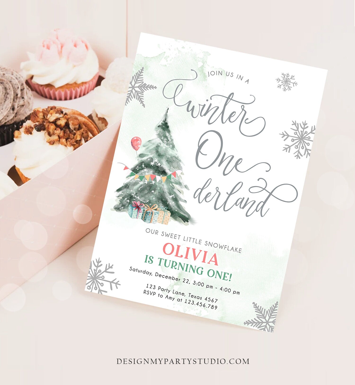 Editable Winter ONEderland Birthday Invitation First Birthday Boy Girl Neutral Snow Watercolor Tree Christmas Snowflake Corjl Template 0363