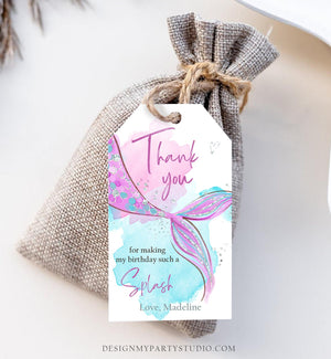 Editable Mermaid Birthday Favor Tags Under The Sea Thank You Mermaid Party Girl Pink Purple Silver Download Template Corjl PRINTABLE 0403