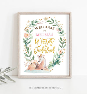 Editable Winter Deer Birthday Welcome Sign Winter Onederland Girl Pink Gold Christmas Snow Party Holiday Sign Template PRINTABLE Corjl 0265