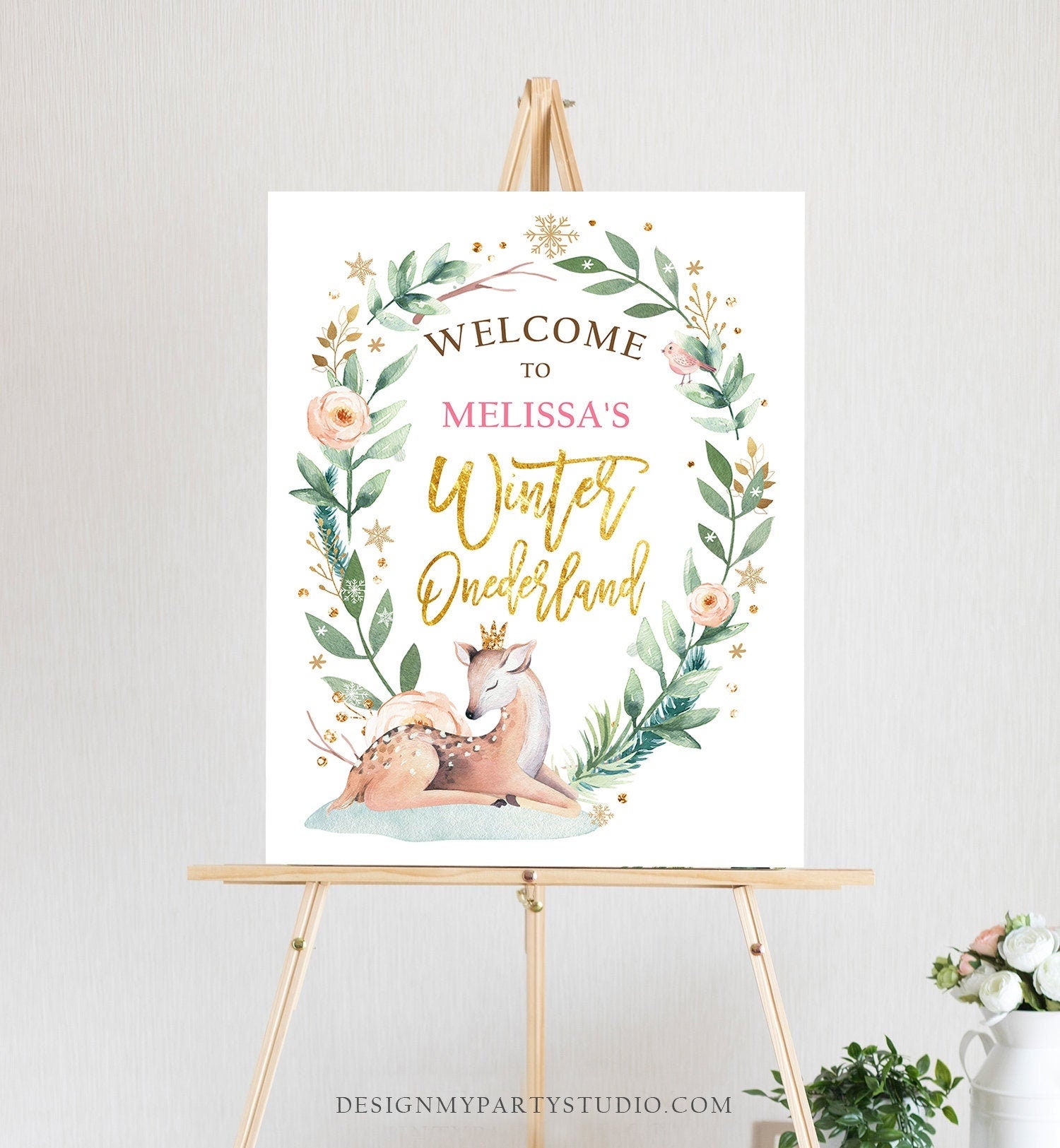 Editable Winter Deer Birthday Welcome Sign Winter Onederland Girl Pink Gold Christmas Snow Party Holiday Sign Template PRINTABLE Corjl 0265
