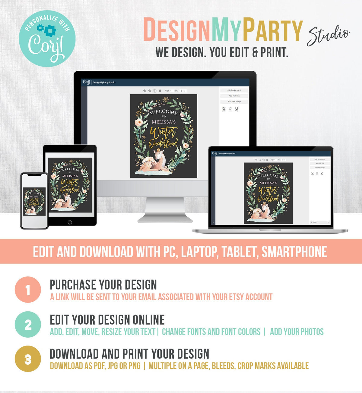 Editable Winter Deer Birthday Welcome Sign Winter Onederland Girl Pink Gold Christmas Snow Party Holiday Sign Template PRINTABLE Corjl 0265