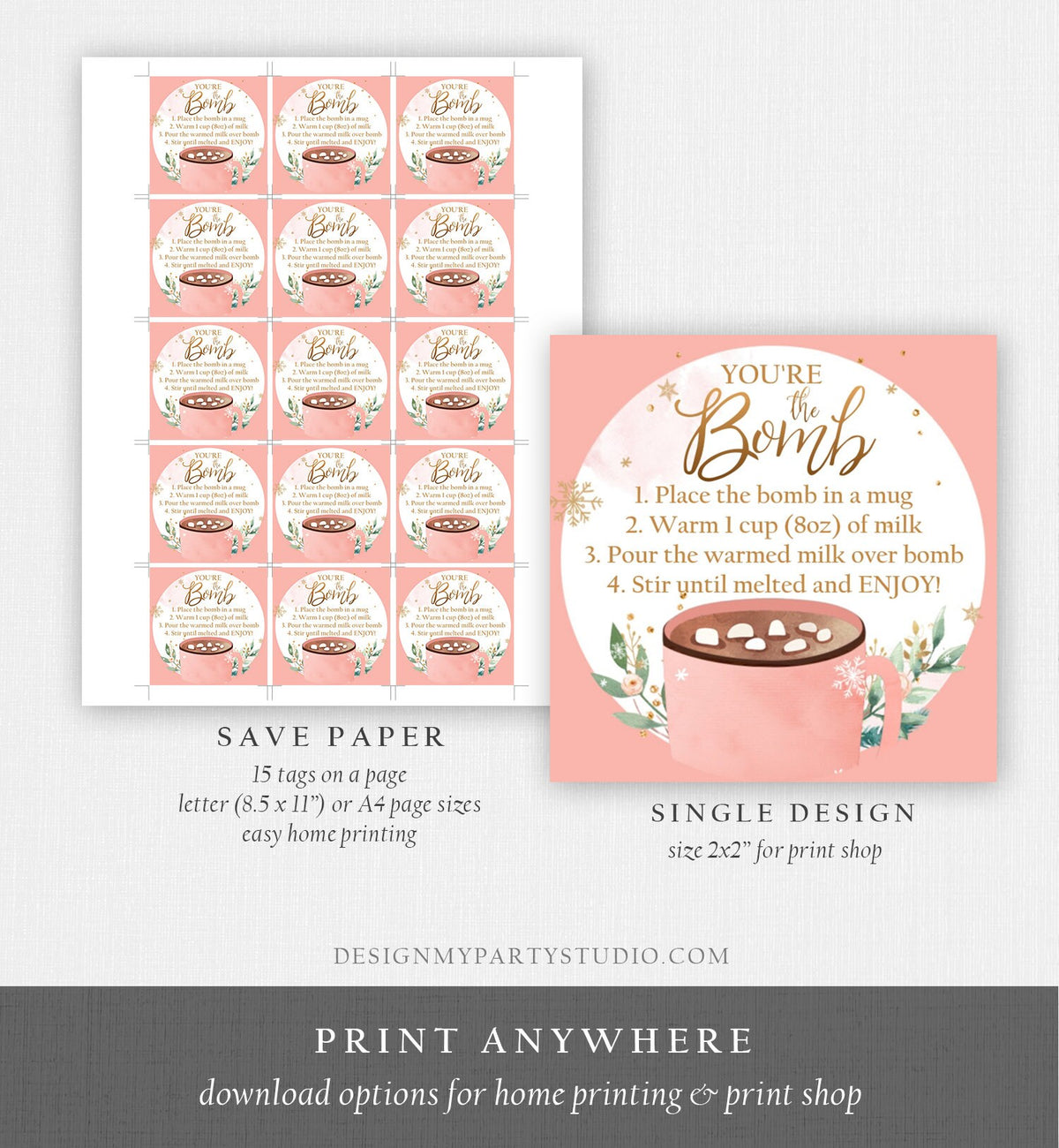 Editable Hot Chocolate Bomb Tags Bomb Instructions Cookies and Cocoa Favor Tags Winter Christmas You&#39;re The Bomb Digital PRINTABLE 0353