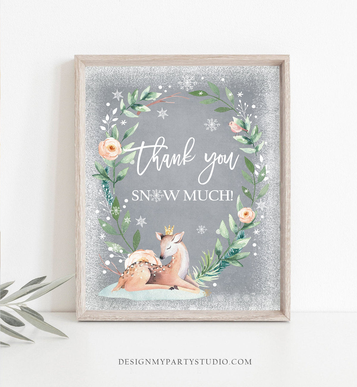 Thank You Snow Much Sign Deer Winter Onederland First Birthday Party Wonderland Girl Pink Gold Table Hot Drinks Download PRINTABLE 0265