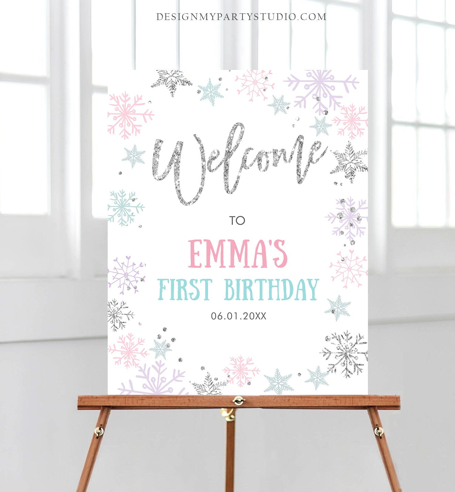 Editable Winter Onederland Welcome Sign First Birthday Girl Pink Silver Little Snowflake Floral Wonderland Corjl Template Printable 0256