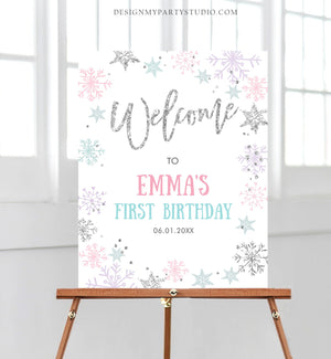 Editable Winter Onederland Welcome Sign First Birthday Girl Pink Silver Little Snowflake Floral Wonderland Corjl Template Printable 0256